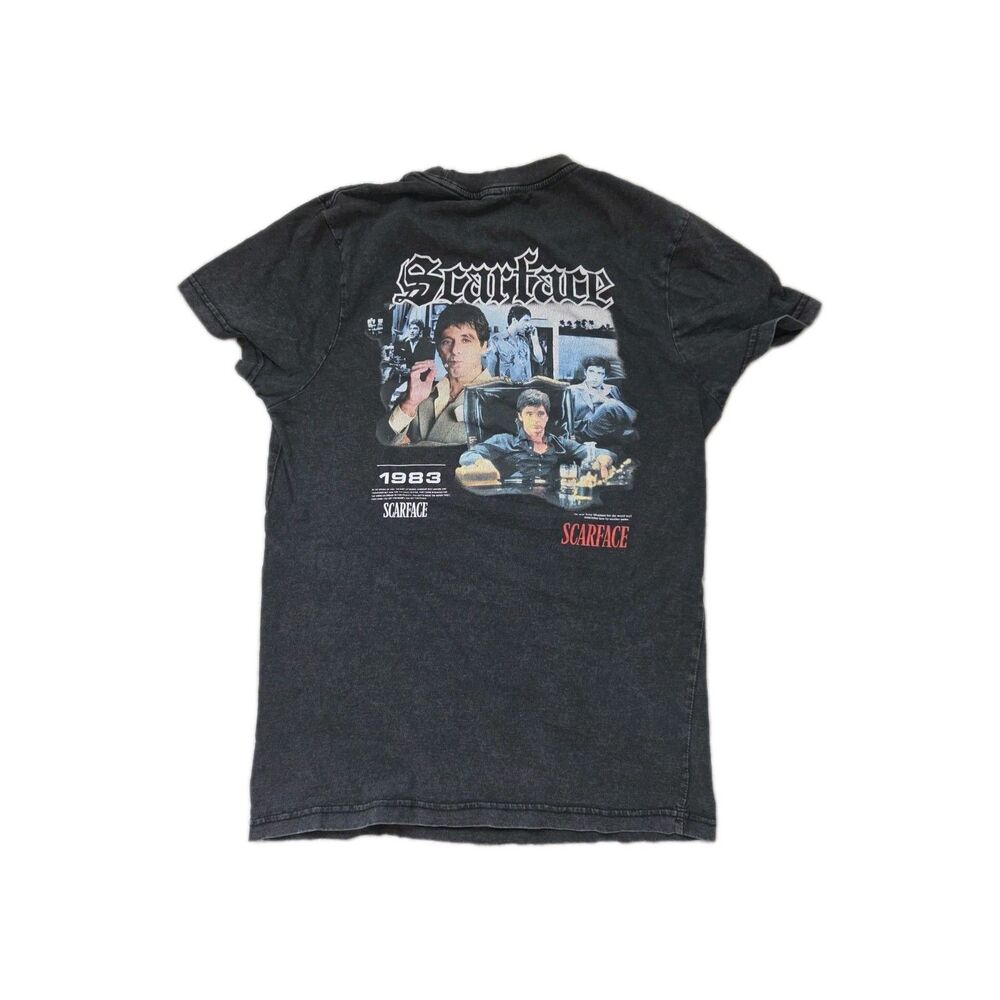 Scarface Tony Montana Graphic T Shirt Black Acid Wash Movie Tee Mens S GUC